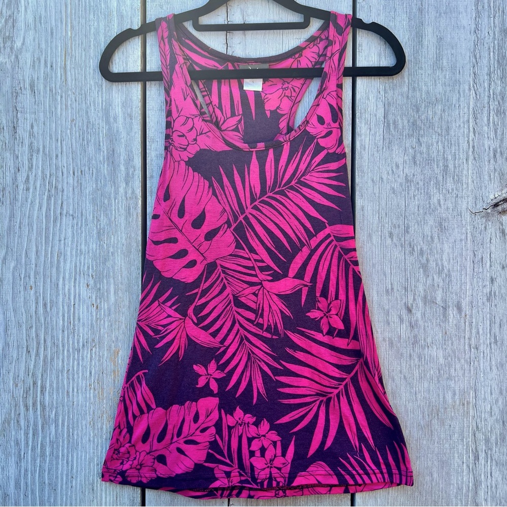 Dots fuchsia purple leaf tropical pattern racer back fitted tank top